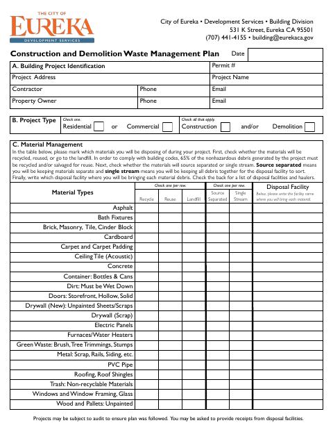 First page of the Construction and Demolition Waste Management Plan