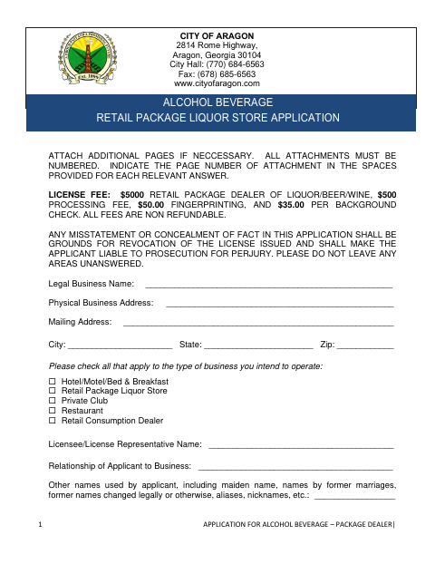 First page of the Alcohol Beverage Package Liquor Store Application