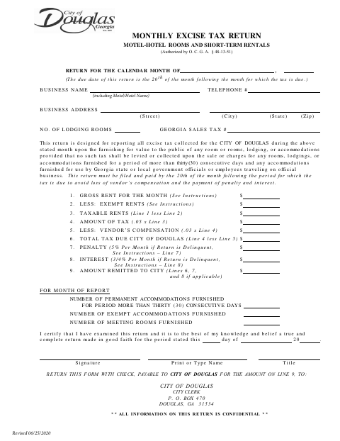 First page of the Monthly Hotel-Motel Excise Tax Return