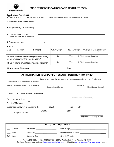 First page of the Escort Identification Card Request Form