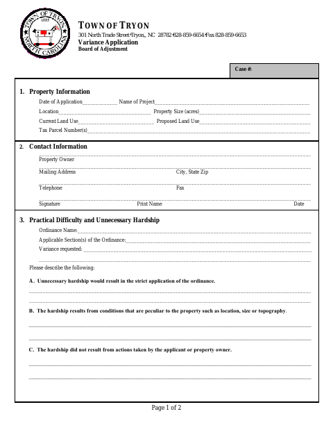 First page of the Variance Application