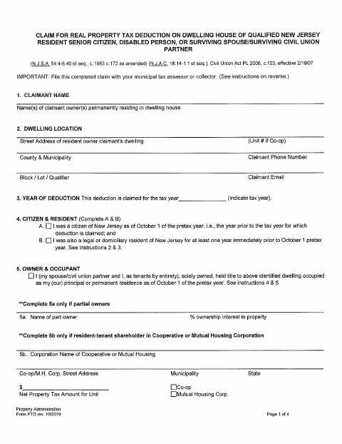 First page of the Senior, Disabled, or Surviving Spouse Property Tax Deduction Application