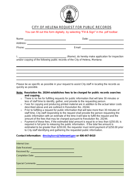 First page of the Request for Public Records
