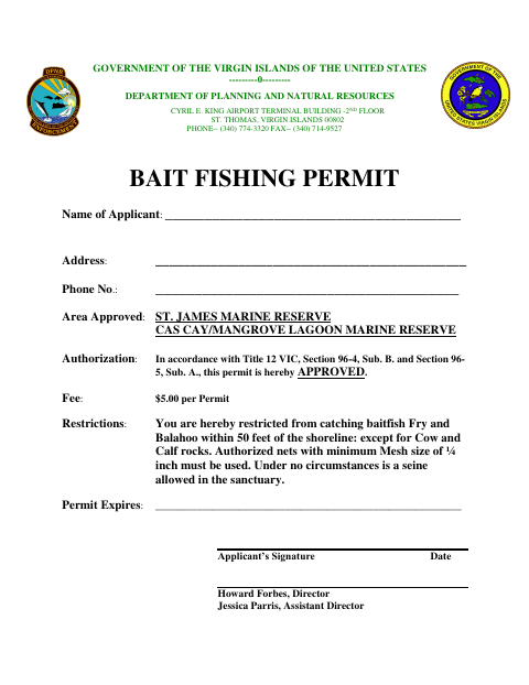 First page of the Bait Fishing Permit