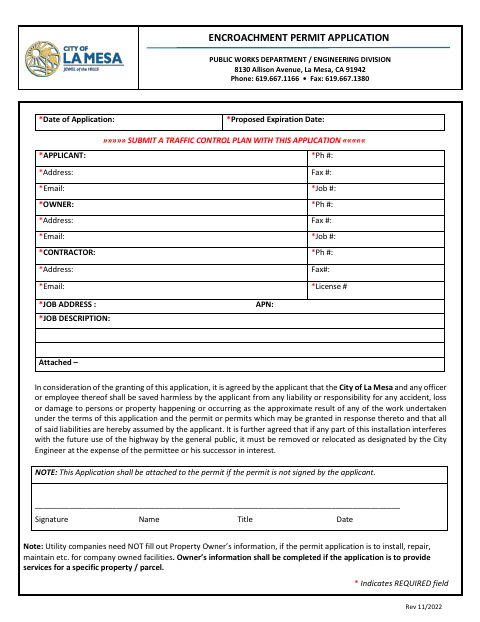 First page of the Encroachment Permit Application