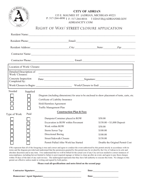 First page of the Right of Way Closure Permit Application