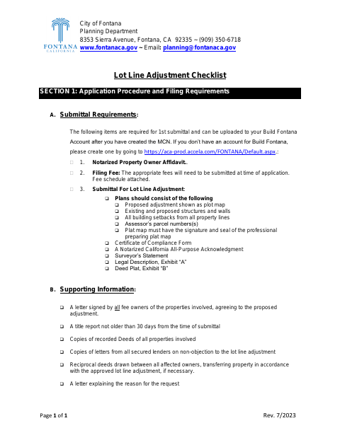 First page of the Lot Line Adjustment Checklist