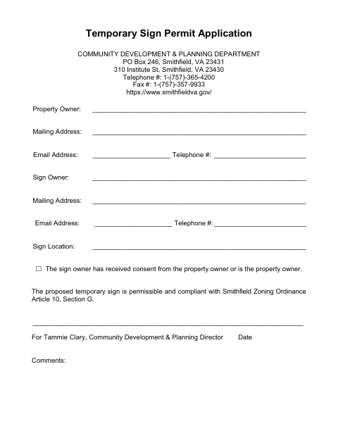 First page of the Temporary Sign Permit Application