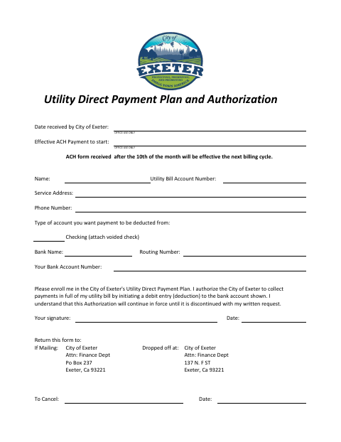 First page of the Utility Direct Payment Authorization Form