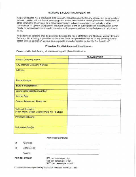 First page of the Solicitation Permit Application