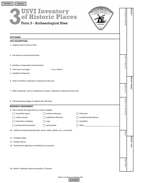 First page of the Virgin Islands Inventory: Archeological Site