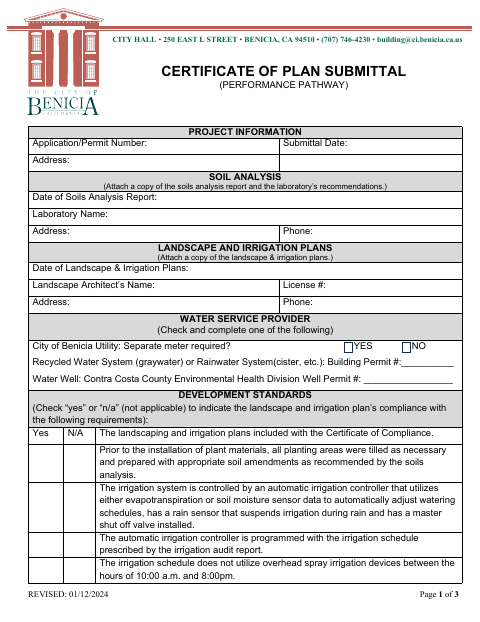 First page of the Certificate of Plan Submittal (Performance Pathway)