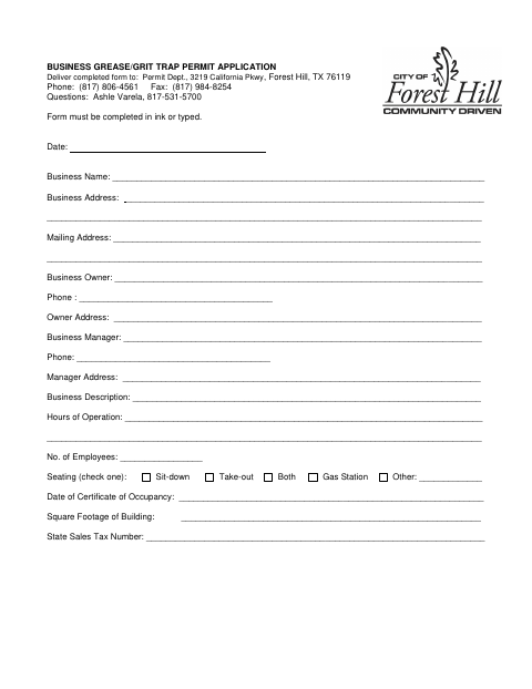 First page of the Business Grease/Grit Trap Permit Application
