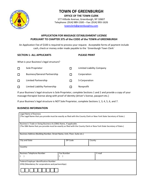 First page of the Massage Establishment License Application