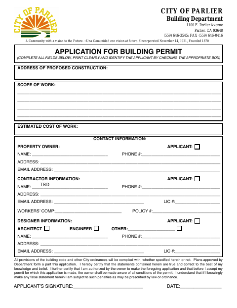 First page of the Building Application Permit
