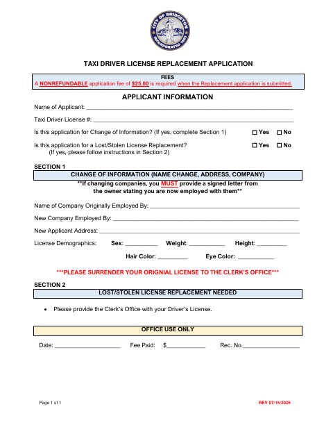 First page of the Taxi Driver License Replacement Application