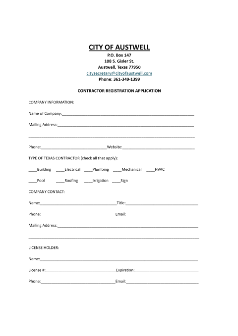 First page of the Contractor Registration Application