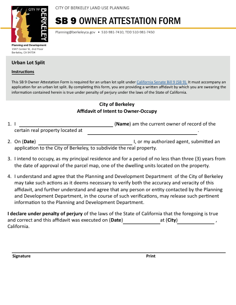 First page of the SB 9 Owner Attestation Form