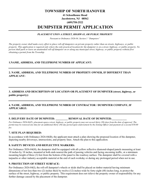 First page of the Dumpster Permit Application