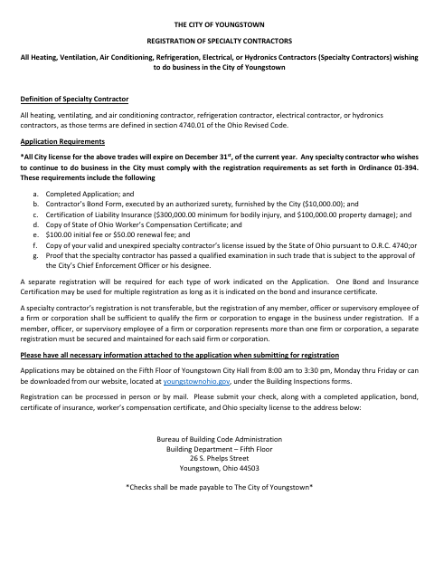 First page of the Specialty Contractor Registration Form