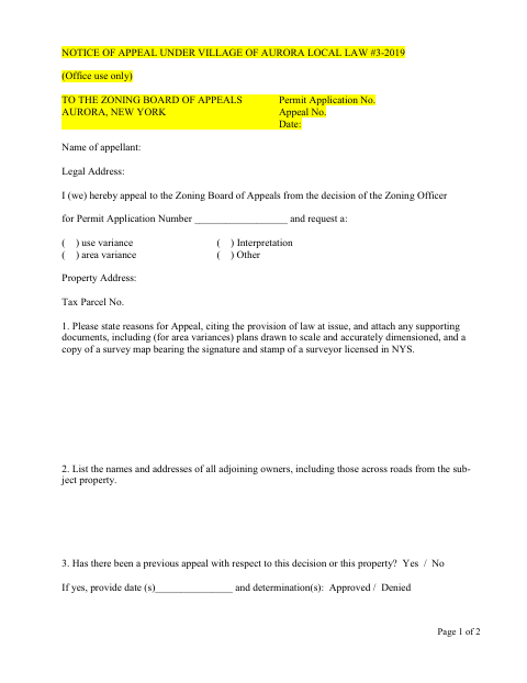First page of the Notice of Appeal Under Village of Aurora Local Law #3-2019