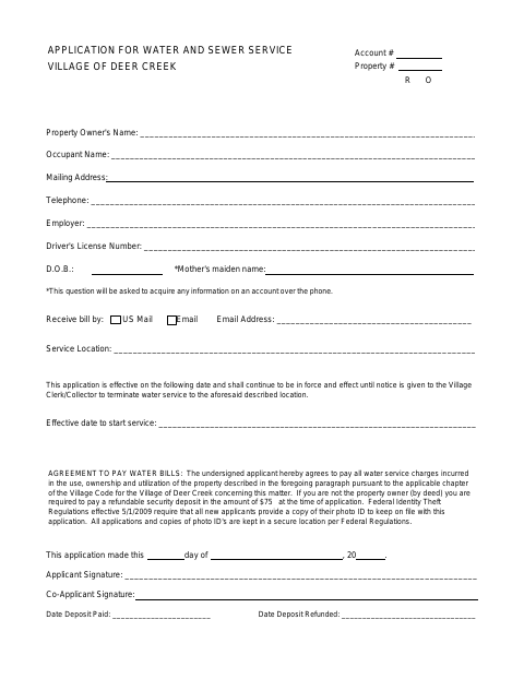 First page of the Application for Water and Sewer Service