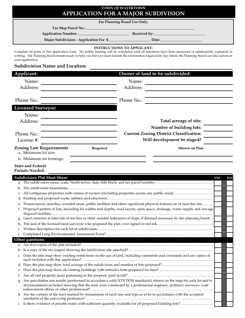 First page of the Major Subdivision Application