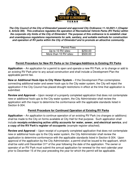 First page of the RV Park Permit Application