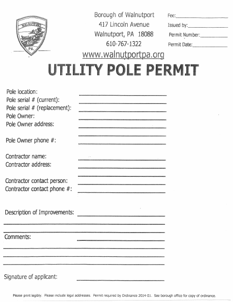 First page of the Utility Pole Permit