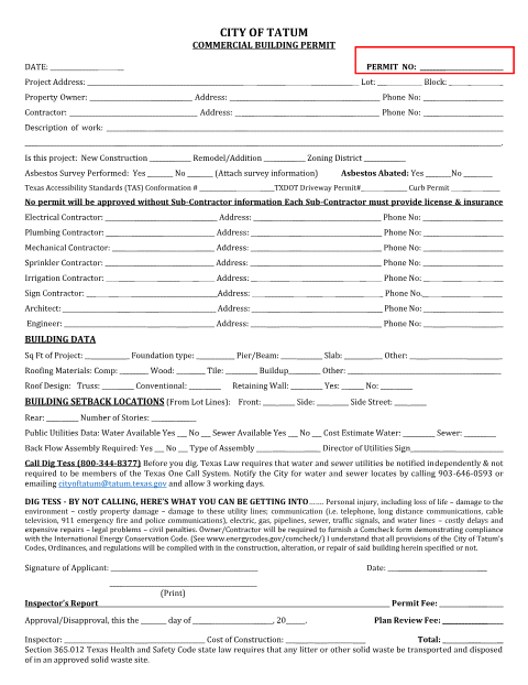 First page of the Commercial Building Permit