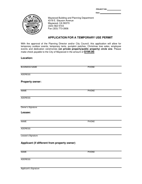 First page of the Application for a Temporary Use Permit
