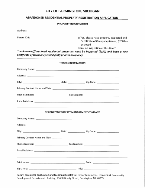 First page of the Abandoned Residential Property Registration Application