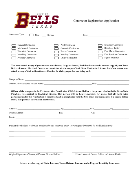 First page of the Contractor Registration Application