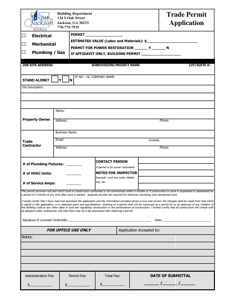 First page of the Trade Permit Application
