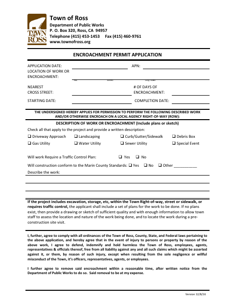 First page of the Encroachment Permit Application