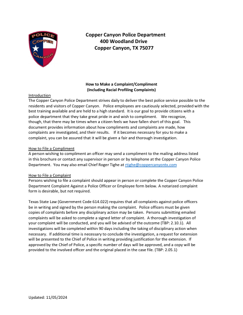 First page of the Police Compliment or Complaint Form