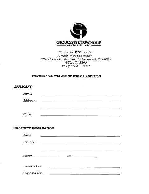 First page of the Commercial Change of Use or Addition