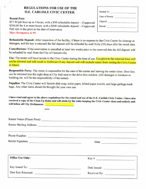 First page of the O.E. Carlisle Civic Center Rental Application