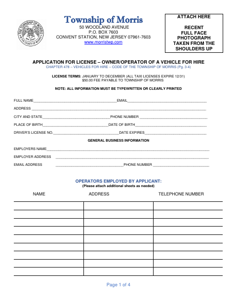First page of the Application for License – Owner/Operator of a Vehicle for Hire