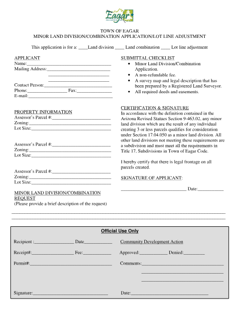 First page of the Minor Land Division, Combination, or Lot Line Adjustment Application