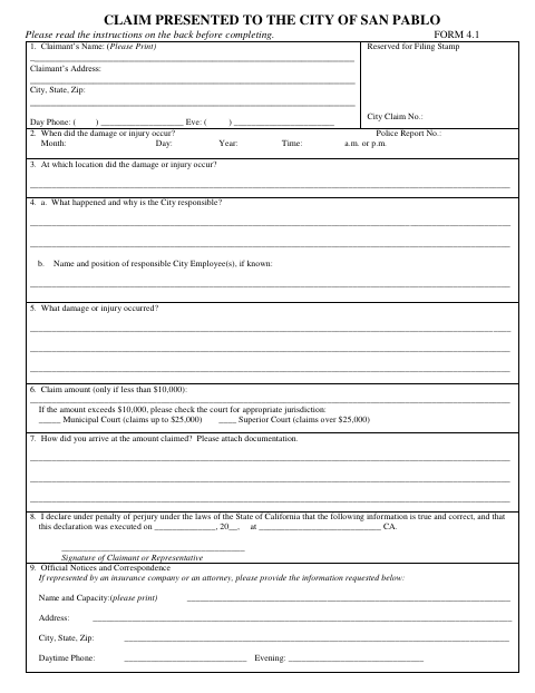 First page of the Claim Form