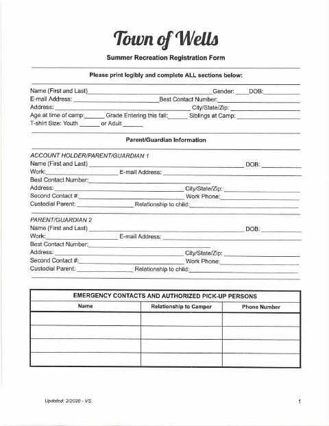 First page of the Summer Recreation Registration Form