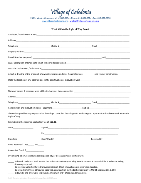 First page of the Work Within the Right of Way Permit