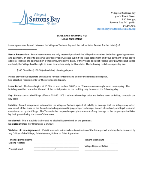 First page of the Bahle Park Warming Hut Lease Agreement