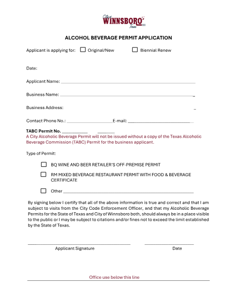 First page of the Alcoholic Beverage Permit Application