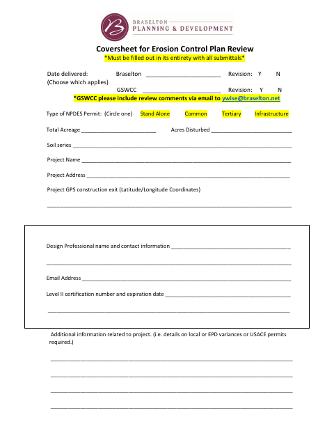 First page of the Erosion and Sedimentation Control Plan Cover Sheet