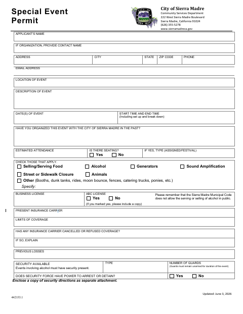 First page of the Special Event Permit Application