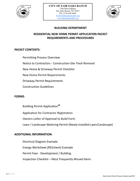 First page of the Residential New Home Permit Application Packet
