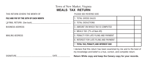 First page of the Meals Tax Return