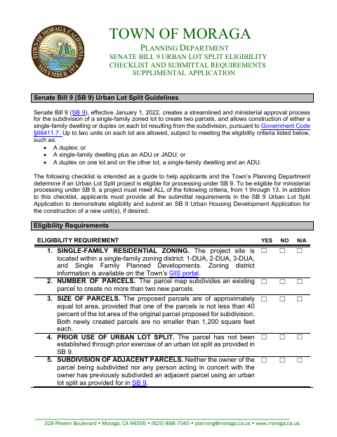 First page of the SB 9 Urban Lot Split Eligibility Checklist and Submittal Requirements